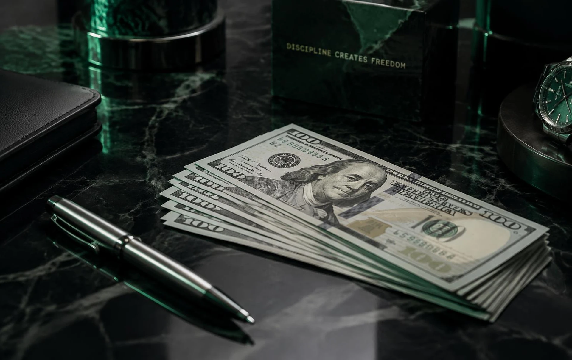 US hundred-dollar bills and a silver pen on a black marble desk